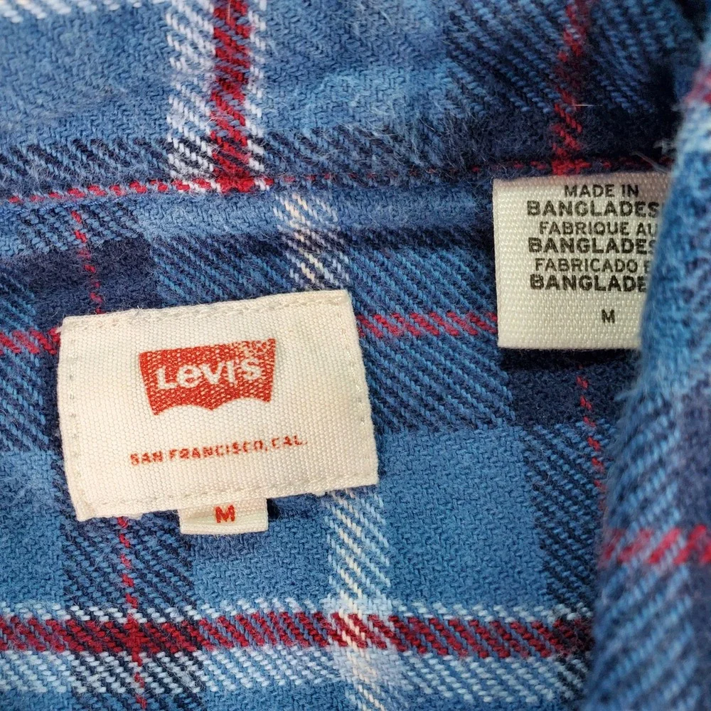 Levis Mens Blue Plaid Western Flannel Pearl Snap Long Sleeve Shirt Size M